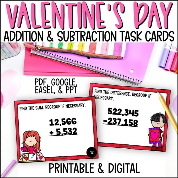 Valentine's Day Addition and Subtraction task cards