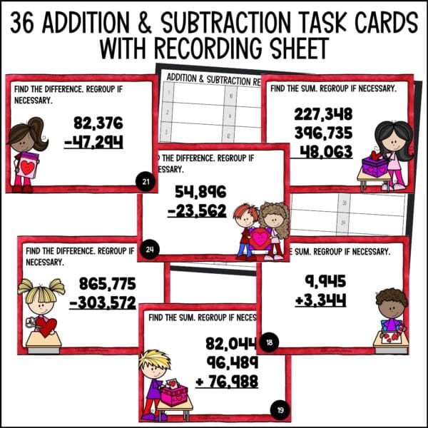 Valentine's Day Addition and Subtraction task cards