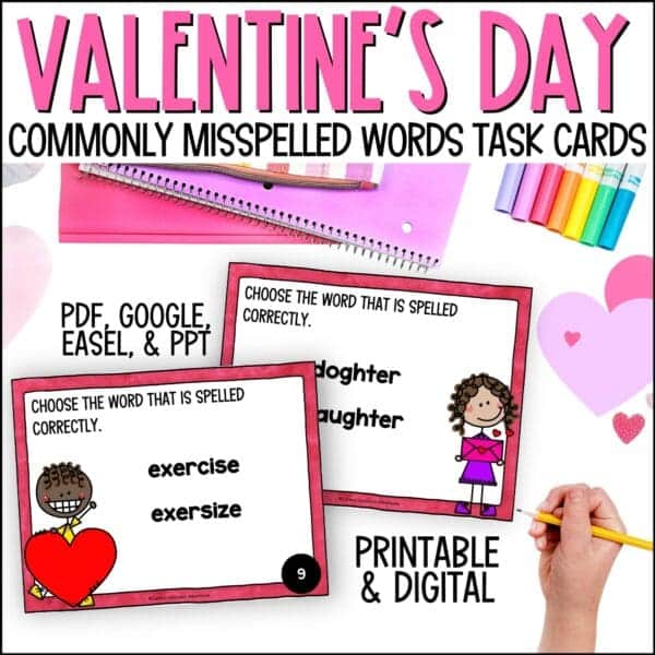 valentine's day commonly misspelled words task cards