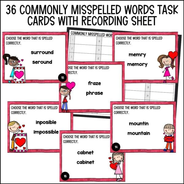 valentine's day commonly misspelled words task cards