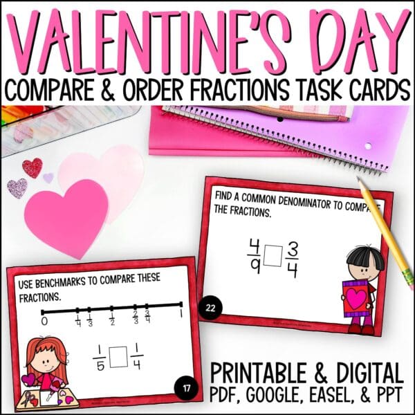 Valentine's Day Compare and Order Fractions Task Cards