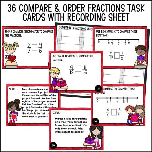 Valentine's Day Compare and Order Fractions Task Cards