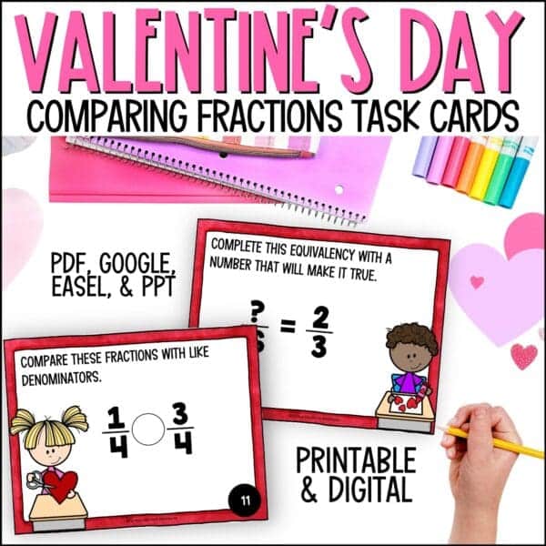 valentine's day comparing fractions task cards