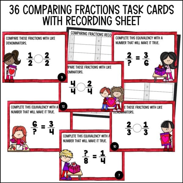 valentine's day comparing fractions task cards