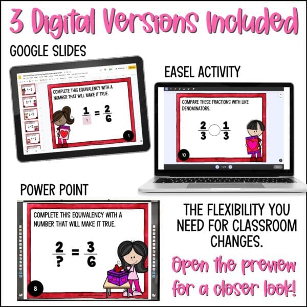 valentine's day comparing fractions task cards
