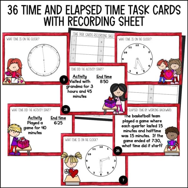 Valentine's Day elapsed time and time to the minute task cards