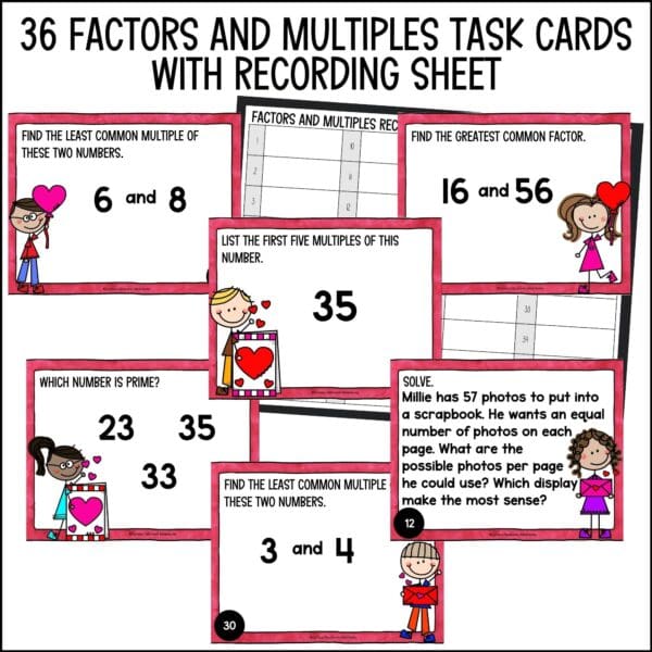 Valentine's Day Factors and Multiples Task Cards