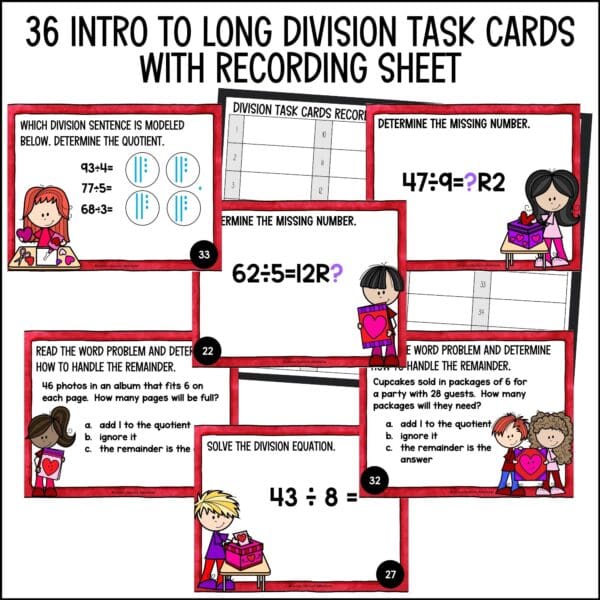 valentine's day intro to long division task cards