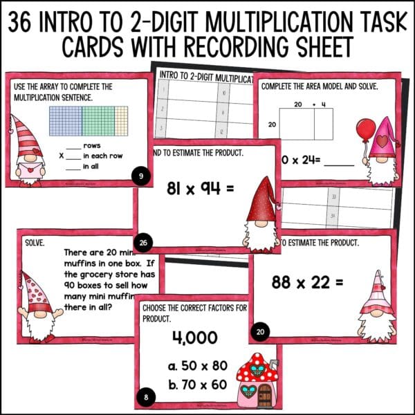 Valentine's Day Introducing 2-digit by 2-digit Multiplication Task Cards