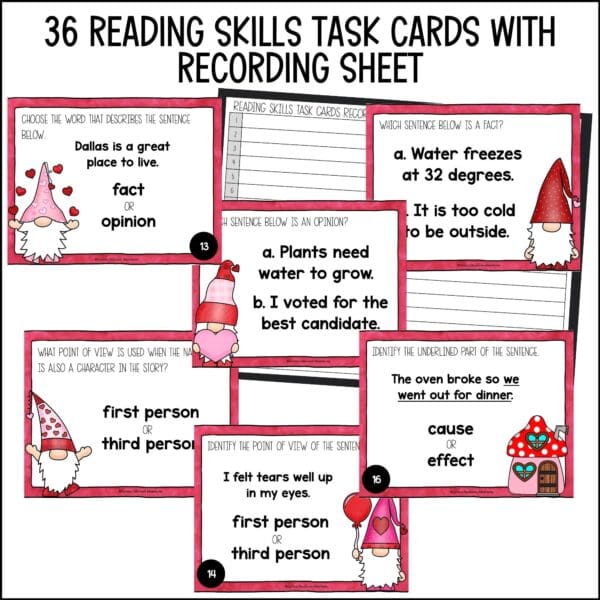 Valentine's Day mixed reading skills task cards