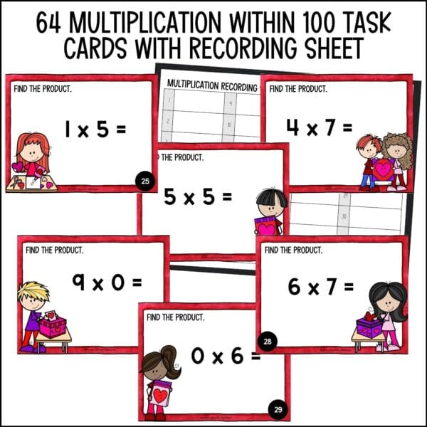 Valentine's Day multiplication facts task cards