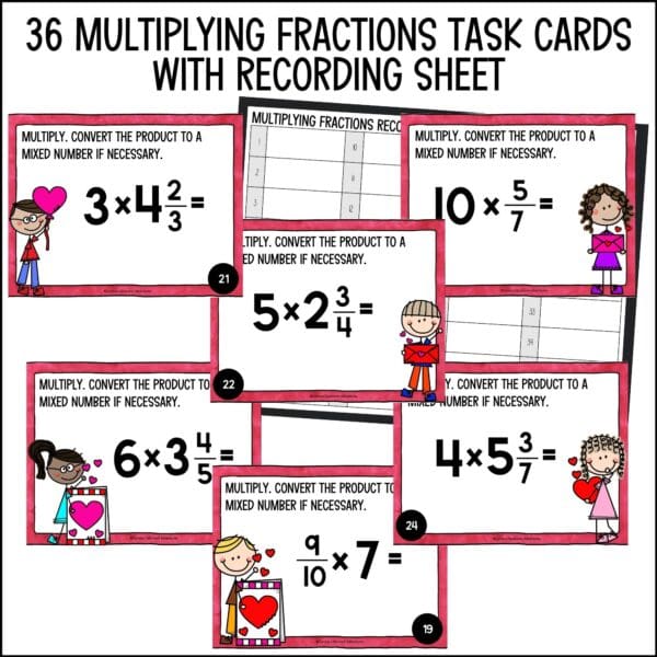 Valentine's Day Multiplying Fractions and Mixed Numbers Task Cards