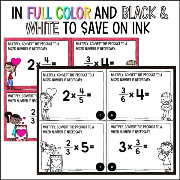 Valentine's Day Multiplying Fractions and Mixed Numbers Task Cards