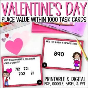 Valentine's Day place value in numbers within 1000 task cards