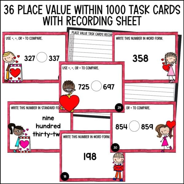 Valentine's Day place value in numbers within 1000 task cards