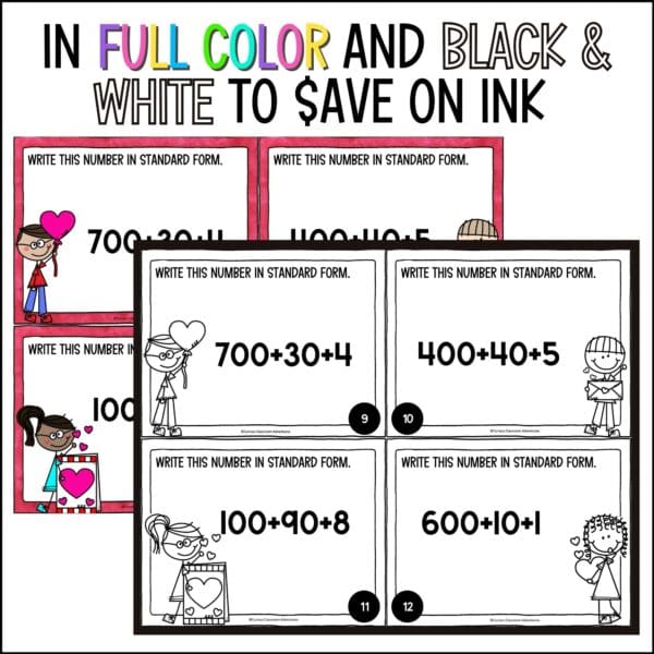 Valentine's Day place value in numbers within 1000 task cards