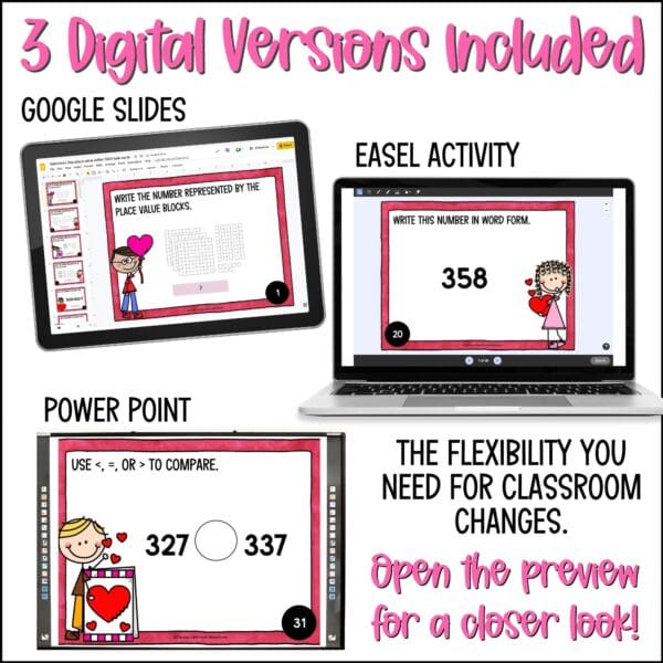 Valentine's Day place value in numbers within 1000 task cards