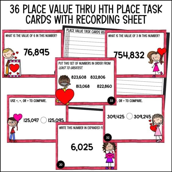 Valentine's Day place value thru hundred thousand place task cards