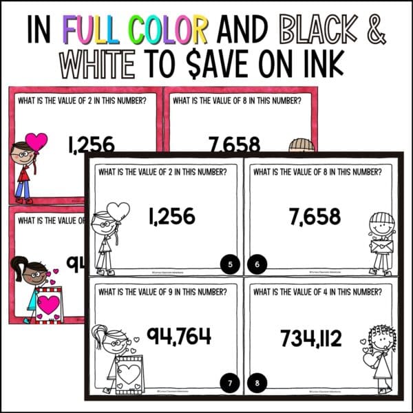 Valentine's Day place value thru hundred thousand place task cards