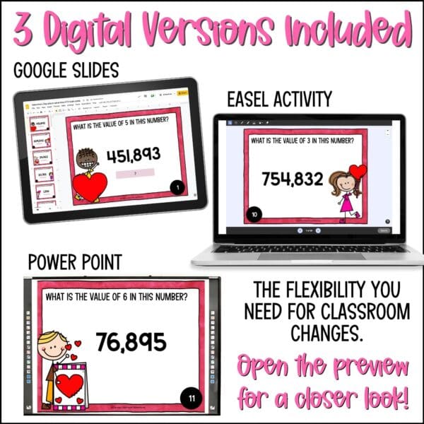 Valentine's Day place value thru hundred thousand place task cards