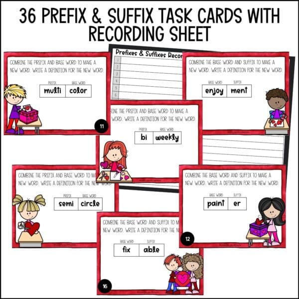 valentine's day prefixes and suffixes task cards