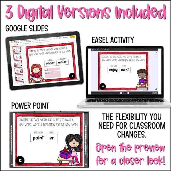 valentine's day prefixes and suffixes task cards