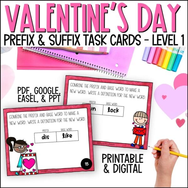 valentine's day prefixes and suffixes task cards level 1