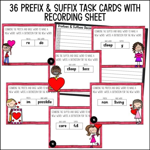 valentine's day prefixes and suffixes task cards level 1