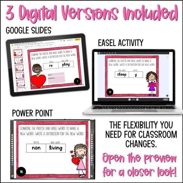 valentine's day prefixes and suffixes task cards level 1