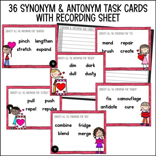 valentine's day synonym and antonym task cards