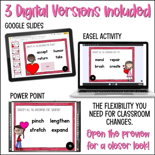 valentine's day synonym and antonym task cards