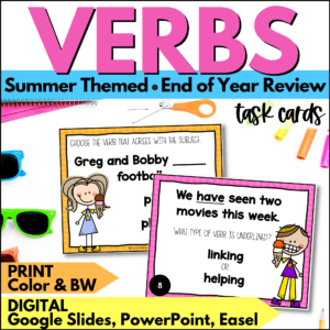 end of year verbs task cards summer activities