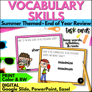 end of year vocabulary skills task cards summer activities