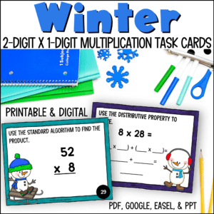 winter 2-digit by 1-digit multiplication task cards