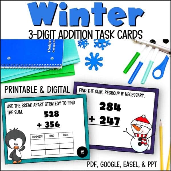 winter 3-digit addition task cards