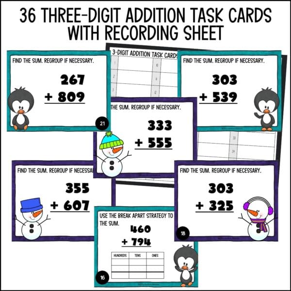 winter 3-digit addition task cards