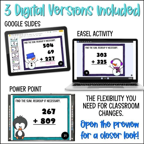 winter 3-digit addition task cards