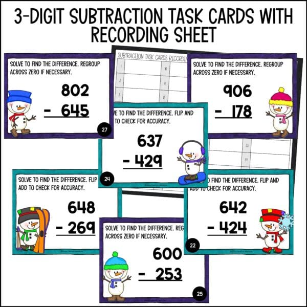 Winter 3-Digit Subtraction Task Cards