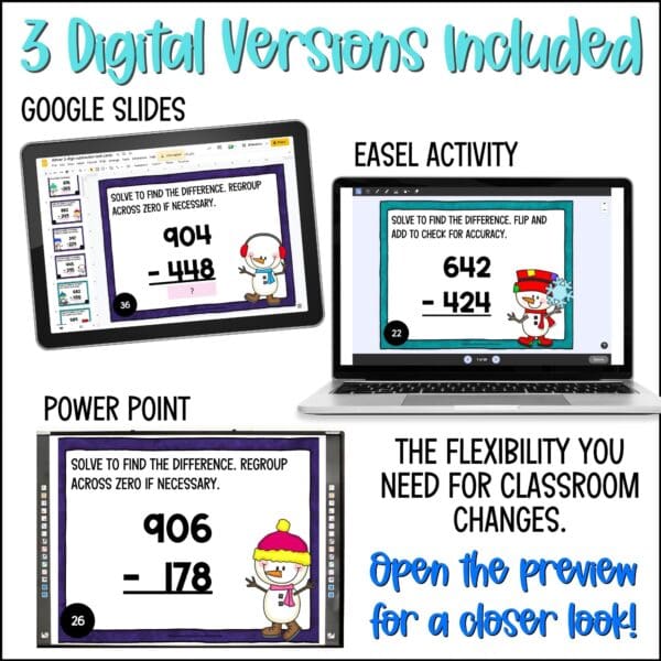 Winter 3-Digit Subtraction Task Cards