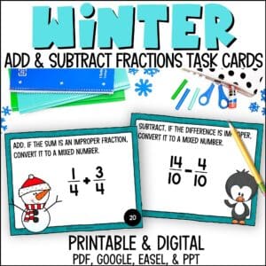 winter adding and subtracting fractions task cards