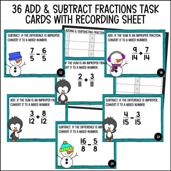 winter adding and subtracting fractions task cards