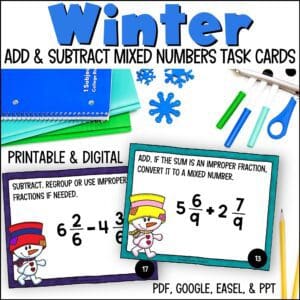 winter adding and subtracting mixed numbers task cards