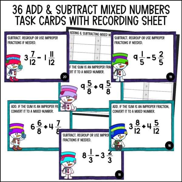 winter adding and subtracting mixed numbers task cards