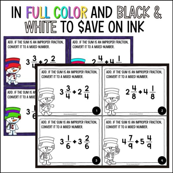 winter adding and subtracting mixed numbers task cards