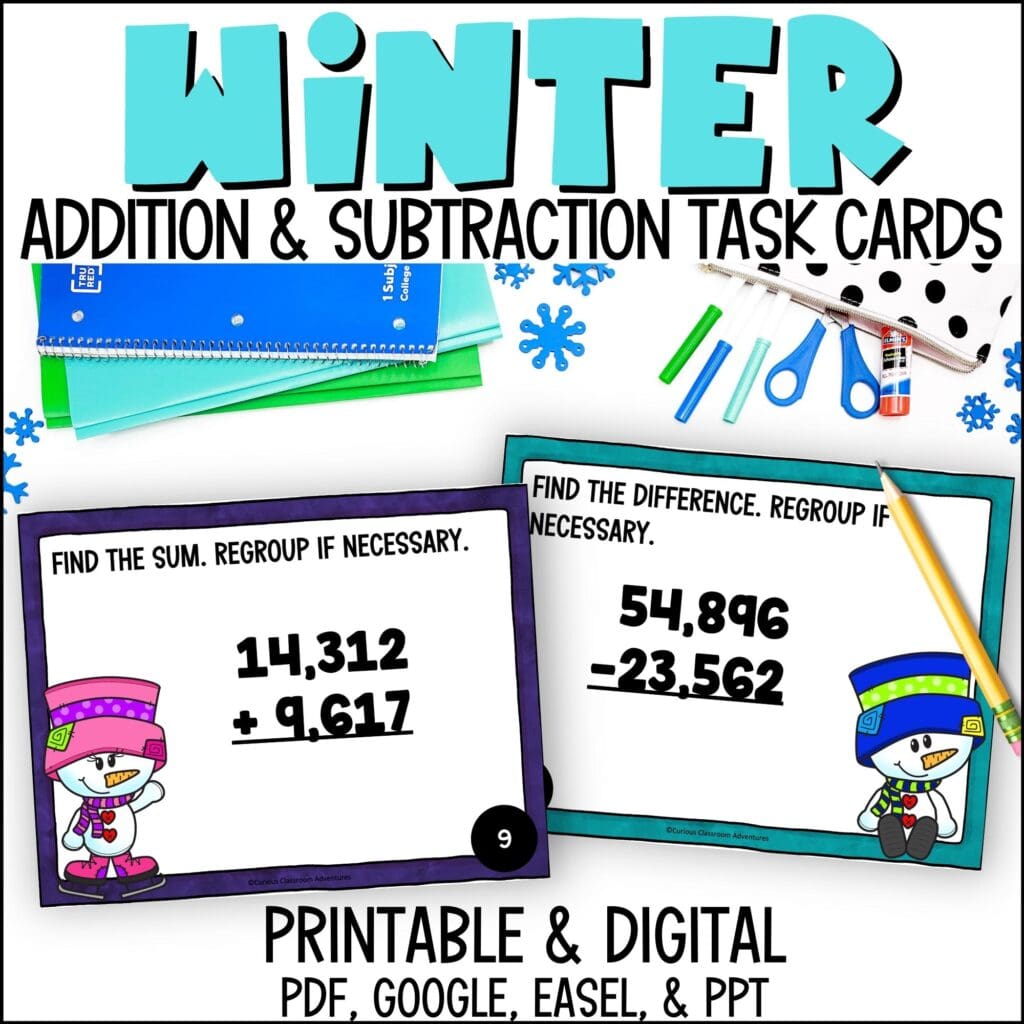 Winter Addition And Subtraction With Larger Numbers Task Cards Curious Classroom Adventures