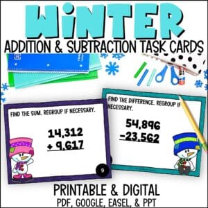 winter addition and subtraction with large numbers task cards