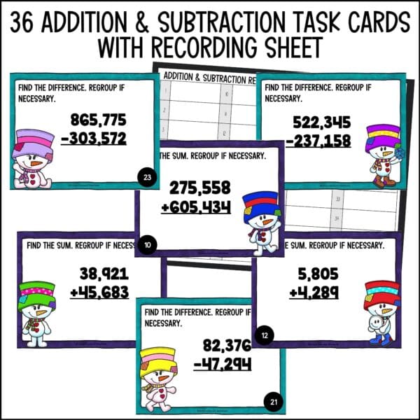 winter addition and subtraction with large numbers task cards