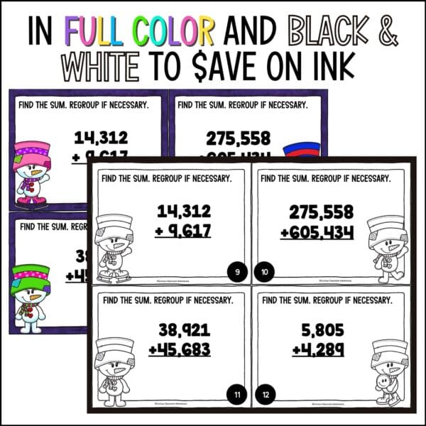 winter addition and subtraction with large numbers task cards