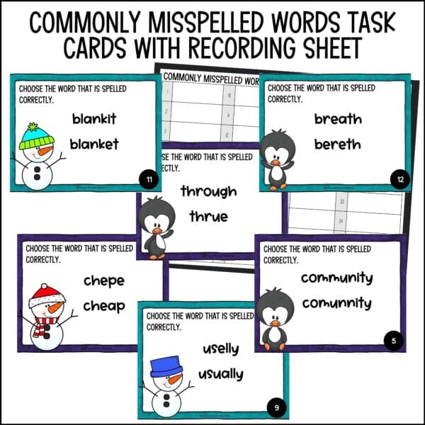 Winter Commonly Misspelled Words Task Cards