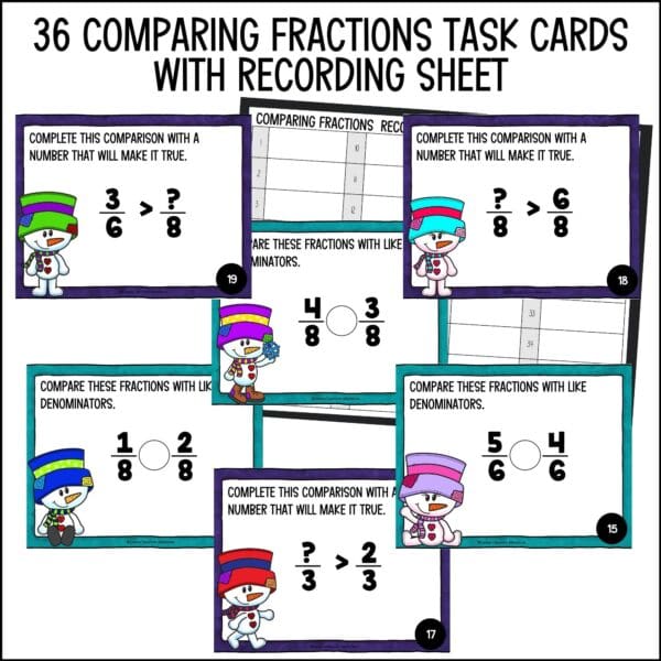 winter comparing fractions task cards